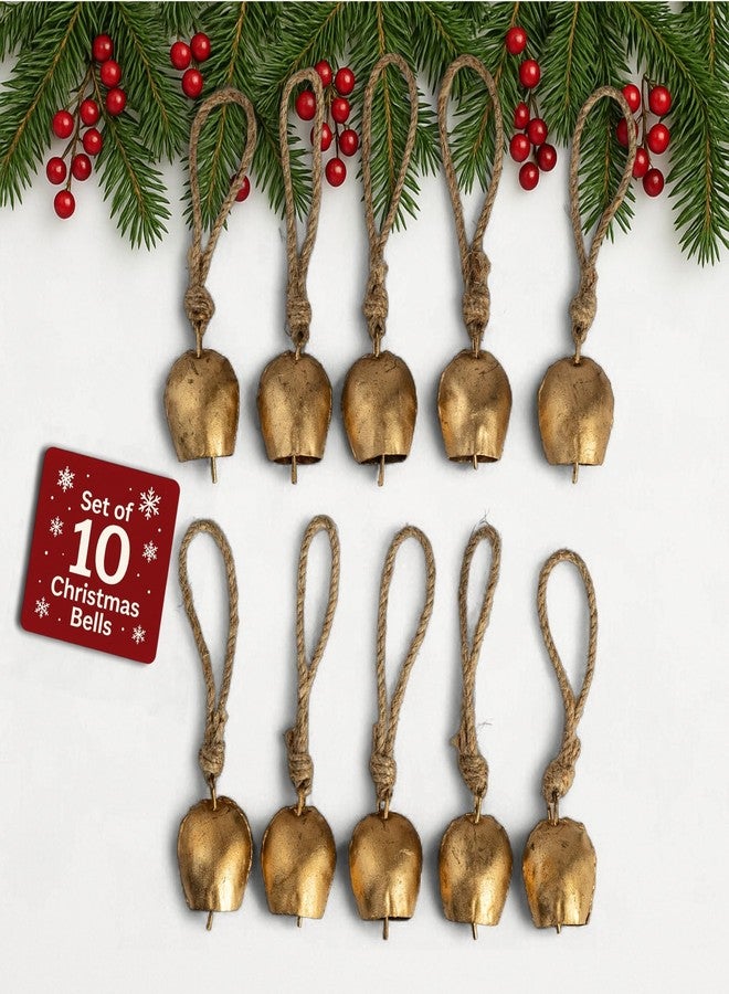 Mie Creations Set of 10 Rustic Vintage Cow Bells, Handmade Christmas Bells on Jute Rope, Decorative Christmas Tree Ornaments, 2 in Jingle Bells for Crafts, Metal Hanging Wreath Cowbells- Antique Gold - Image 1